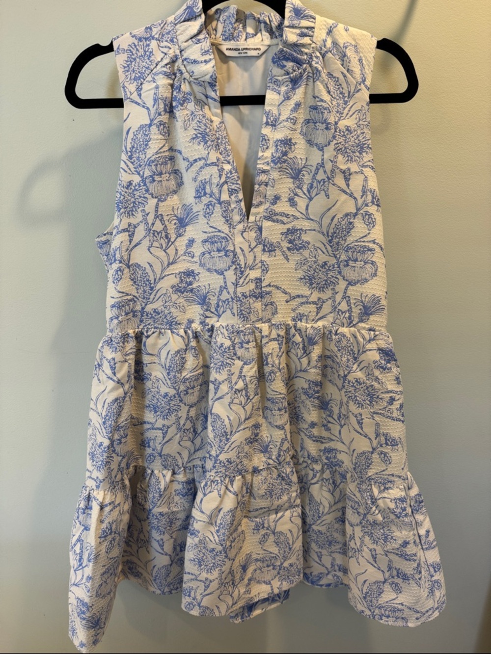 Amanda Uprichard Blue and White Toile Ruffled Dress